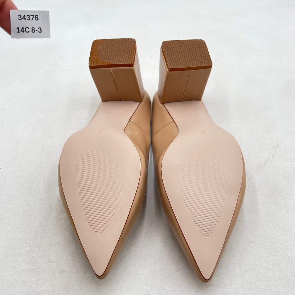 YDN Nude Retro Pointed Toe Mules Pumps Block Mid Heel Slip On Slide Sandal - Picture 6 of 7